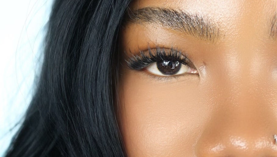Close-up of enhanced eyelashes at Hillary Maria Lashes, Vancouver, British Columbia, CA.