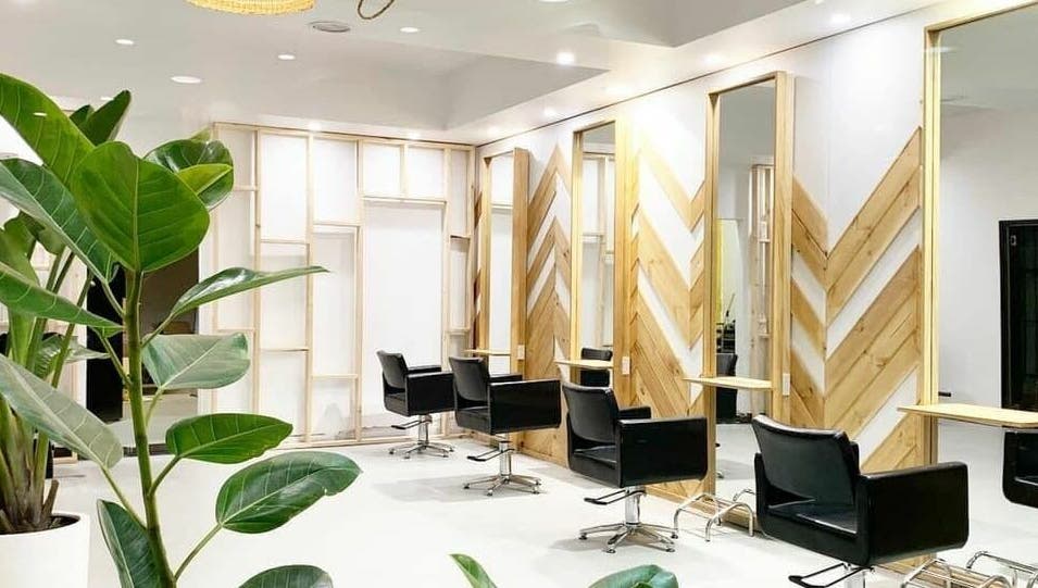 Stylish interior of The Vine Hairstylist in Melbourne, Victoria, AU featuring sleek black chairs and natural decor.