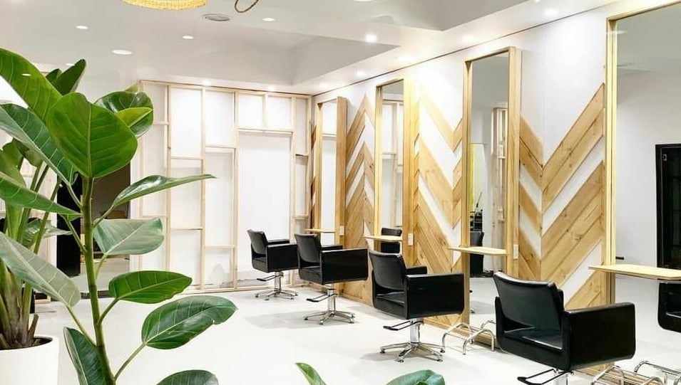Stylish interior of The Vine Hairstylist in Melbourne, Victoria, AU featuring sleek black chairs and natural decor.