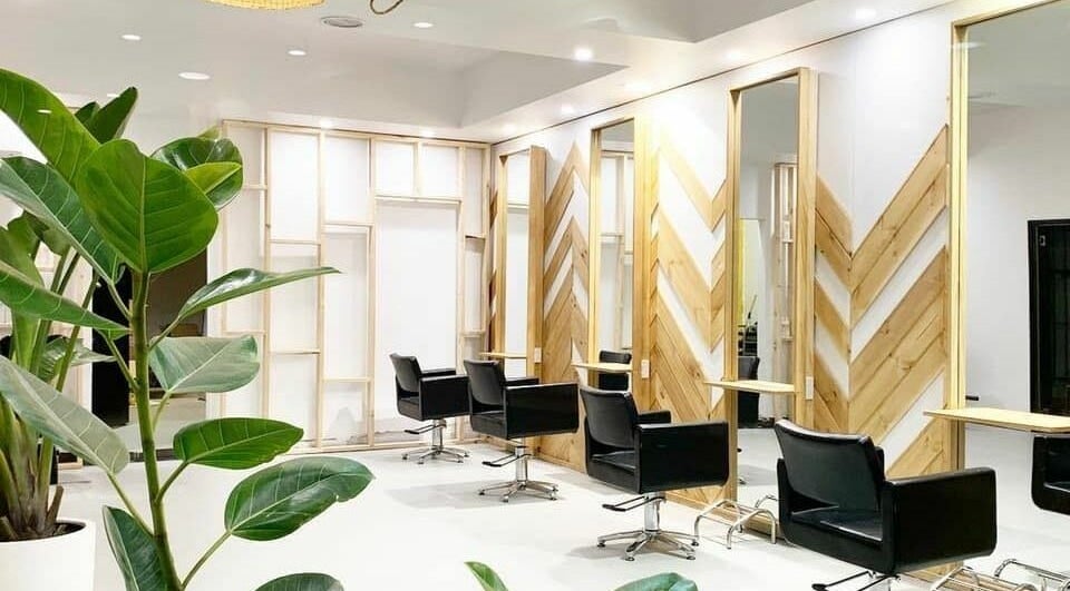 Stylish interior of The Vine Hairstylist in Melbourne, Victoria, AU featuring sleek black chairs and natural decor.