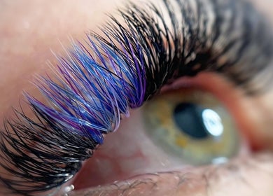 Close-up of colorful lash extensions at The Honey Haus, Nottingham, England, GB.