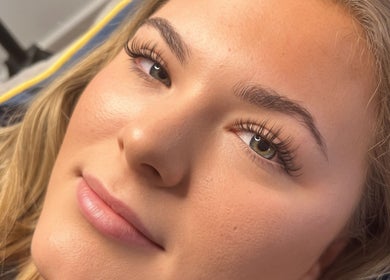 Woman with enhanced lashes at The Honey Haus, Nottingham, England, GB. Showcasing eyelash extensions.