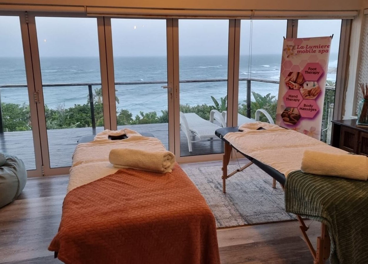 Relaxing oceanfront massage room at La-Lumiere Mobile Spa, Margate, Kwazulu-natal, ZA. Inviting ambiance.