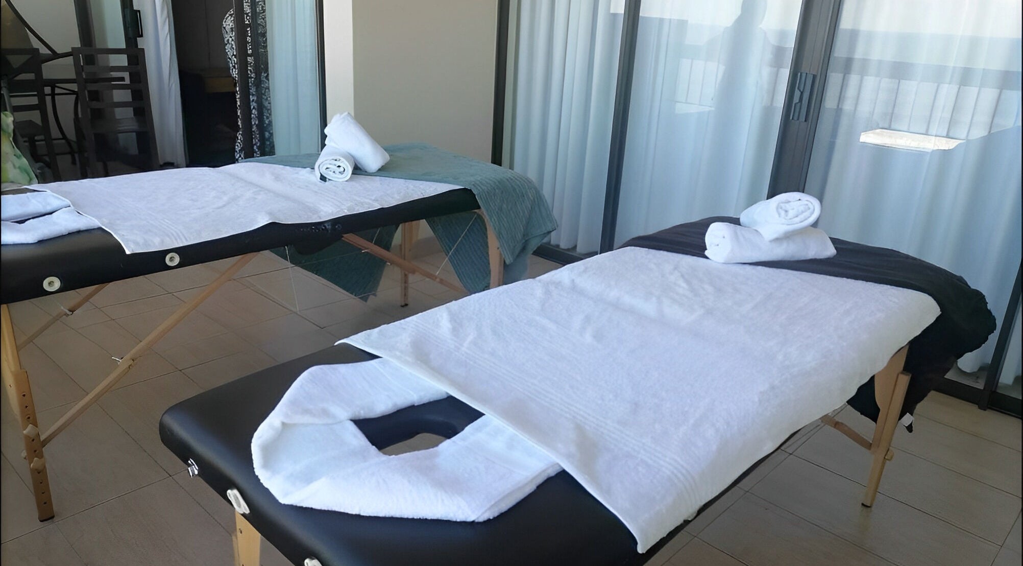 Relaxing massage tables at La-Lumiere Mobile Spa in Margate, Kwazulu-natal, ZA with ocean view.