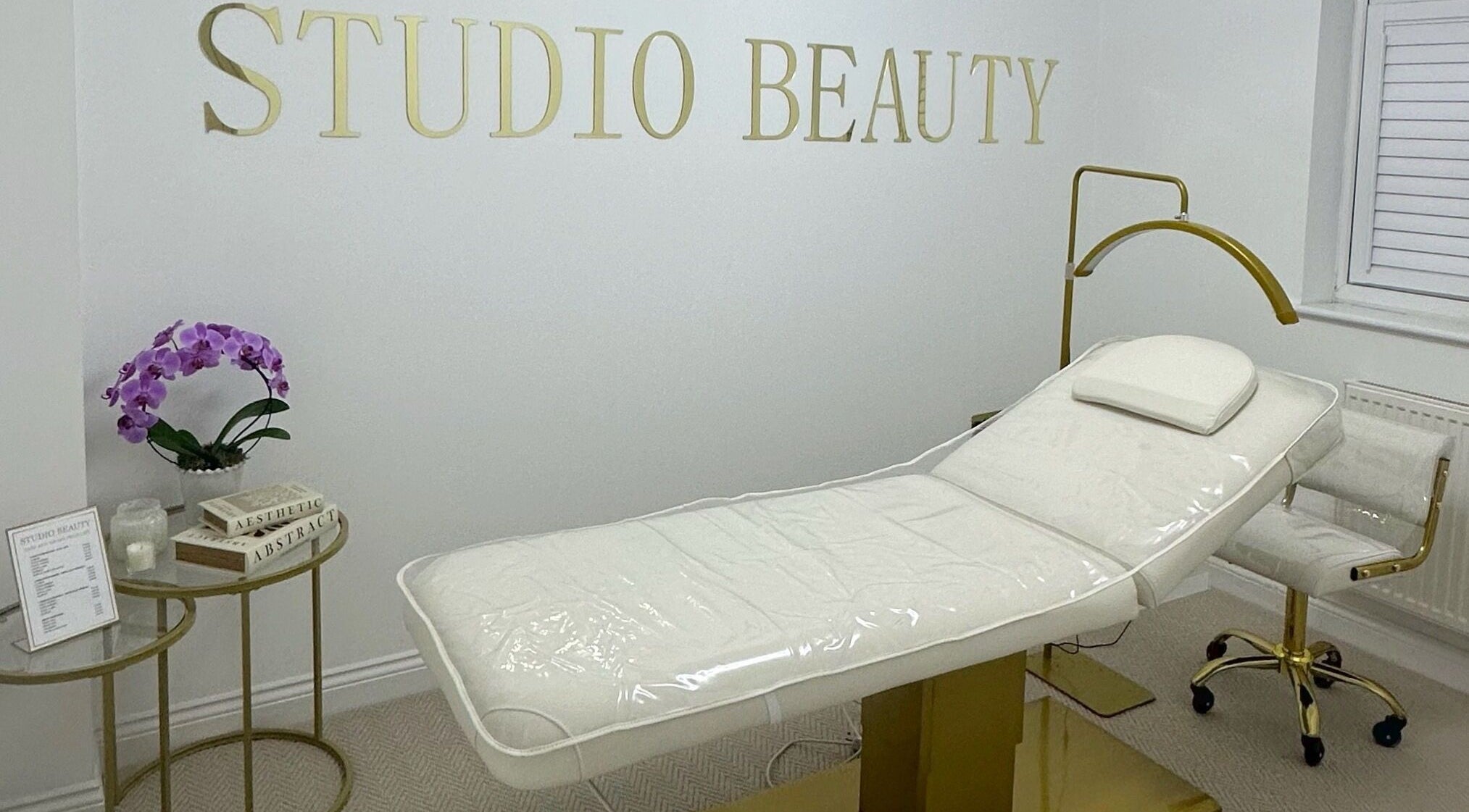 Luxurious beauty treatment room at Cracklewood Close, West Moors, England, GB with aesthetic decor.