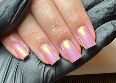 Close-up of iridescent nails from The Nail Jar, Barnstaple, England, GB, highlighting a flawless manicure.