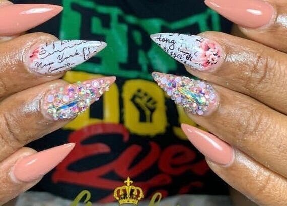 Elegant nail art with glitter and script at Gawdess Esthetics, Arima, Arima Borough Corporation, TT.