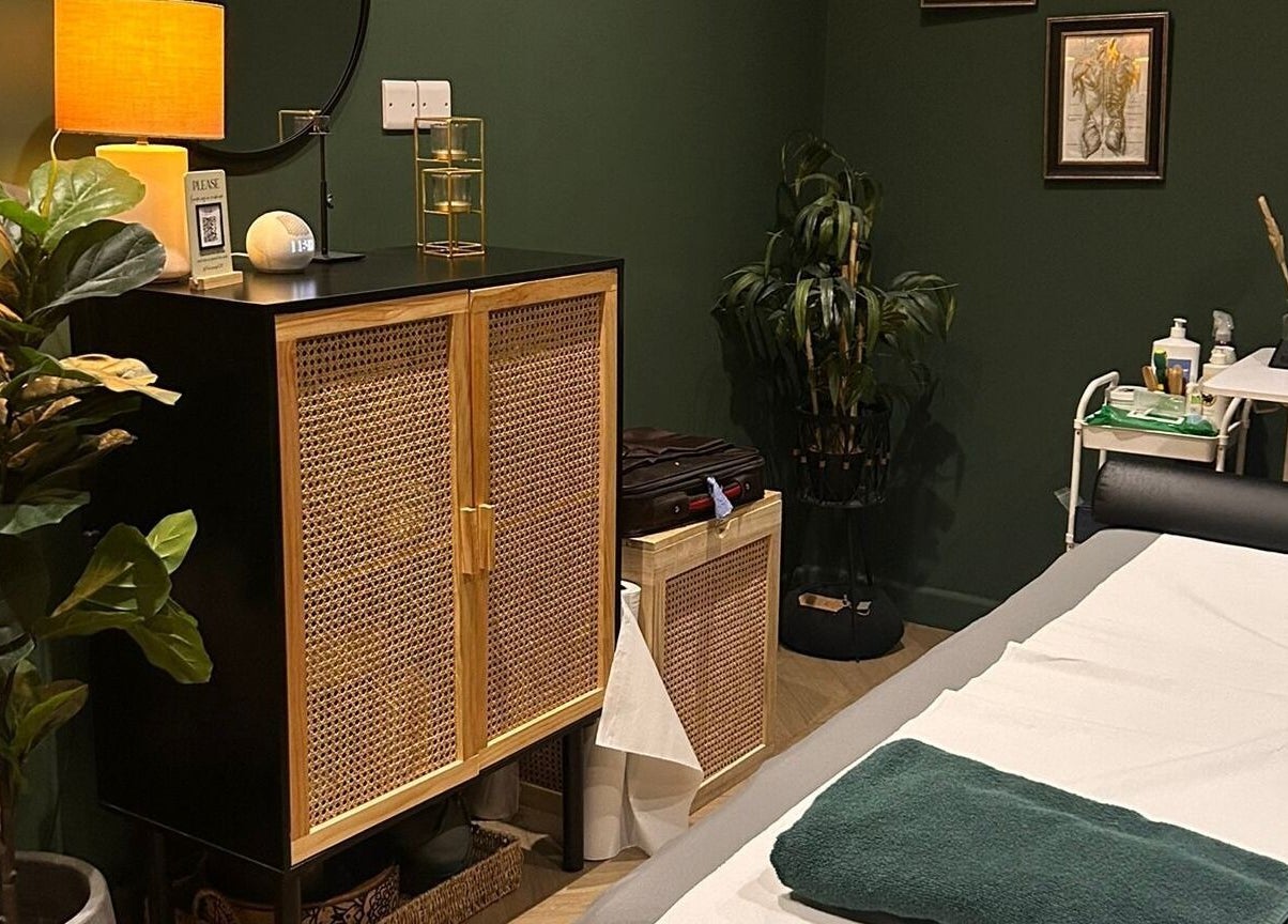 A calming therapy room at The Wellness Lounge, Cardiff, Wales, GB with a lush plant and soothing decor.