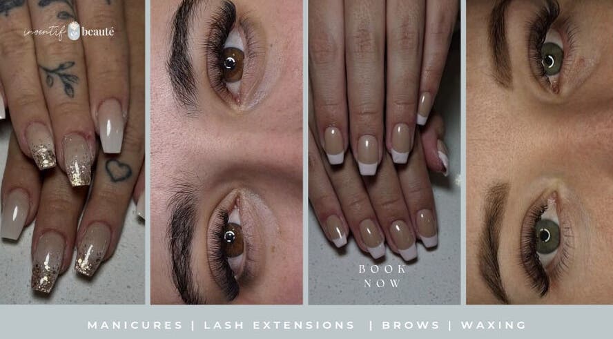 Nails and eyelashes at Inventif Beauté, Mossel Bay, Western Cape, ZA showcasing manicures and lash extensions.