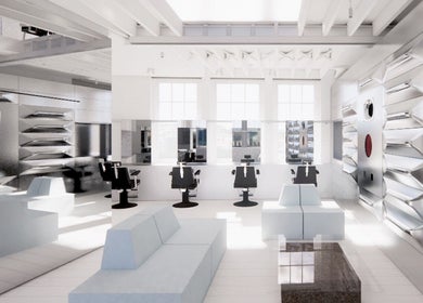 Spacious, sleek interior of SALT Salon Borough in London, England, GB with contemporary design and ample natural light.