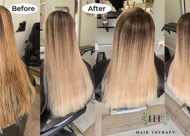 Before and after hair treatment at Hair Therapy Knysna, Knysna, Western Cape, ZA, showcasing a smooth finish.