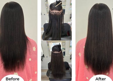 Before and after hair transformation at Hair Therapy Knysna, Knysna, Western Cape, ZA, showcasing extensions.
