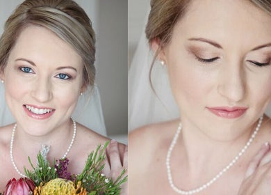Bridal makeup at Hair Therapy Knysna, Knysna, Western Cape, ZA showcasing natural beauty with a bouquet.