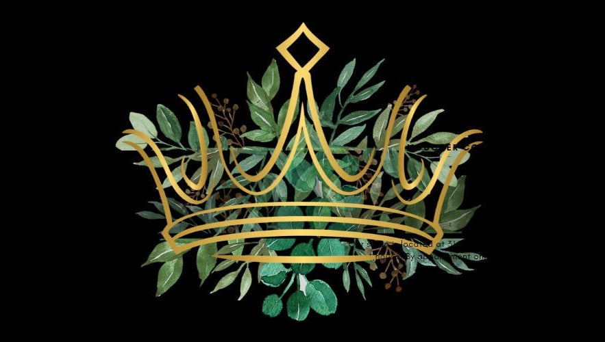 Elegant golden crown with green leaves at Hair Therapy Knysna, Knysna, Western Cape, ZA.