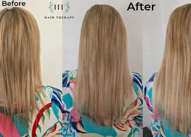 Before and after hair treatment at Hair Therapy Knysna, Knysna, Western Cape, ZA showcasing smoother, longer hair.
