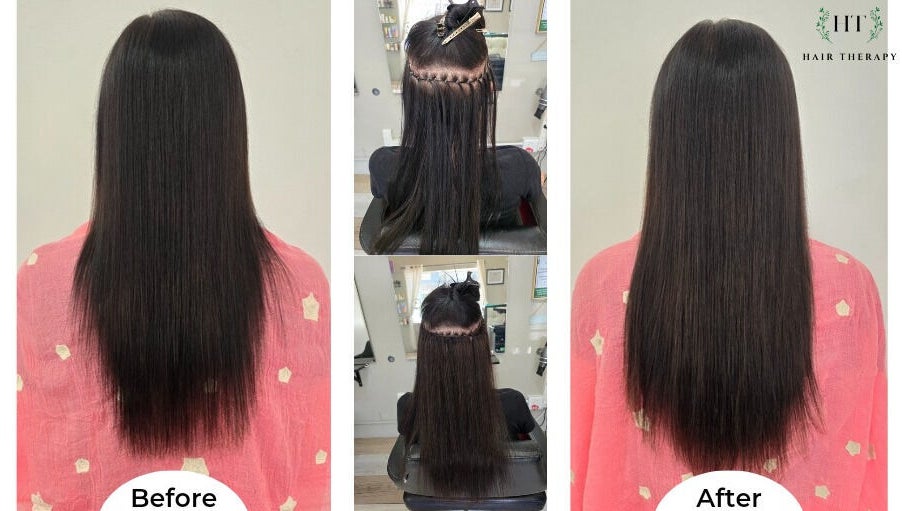 Before and after hair extension at Hair Therapy Knysna, Knysna, Western Cape, ZA, showcasing stunning hair results.