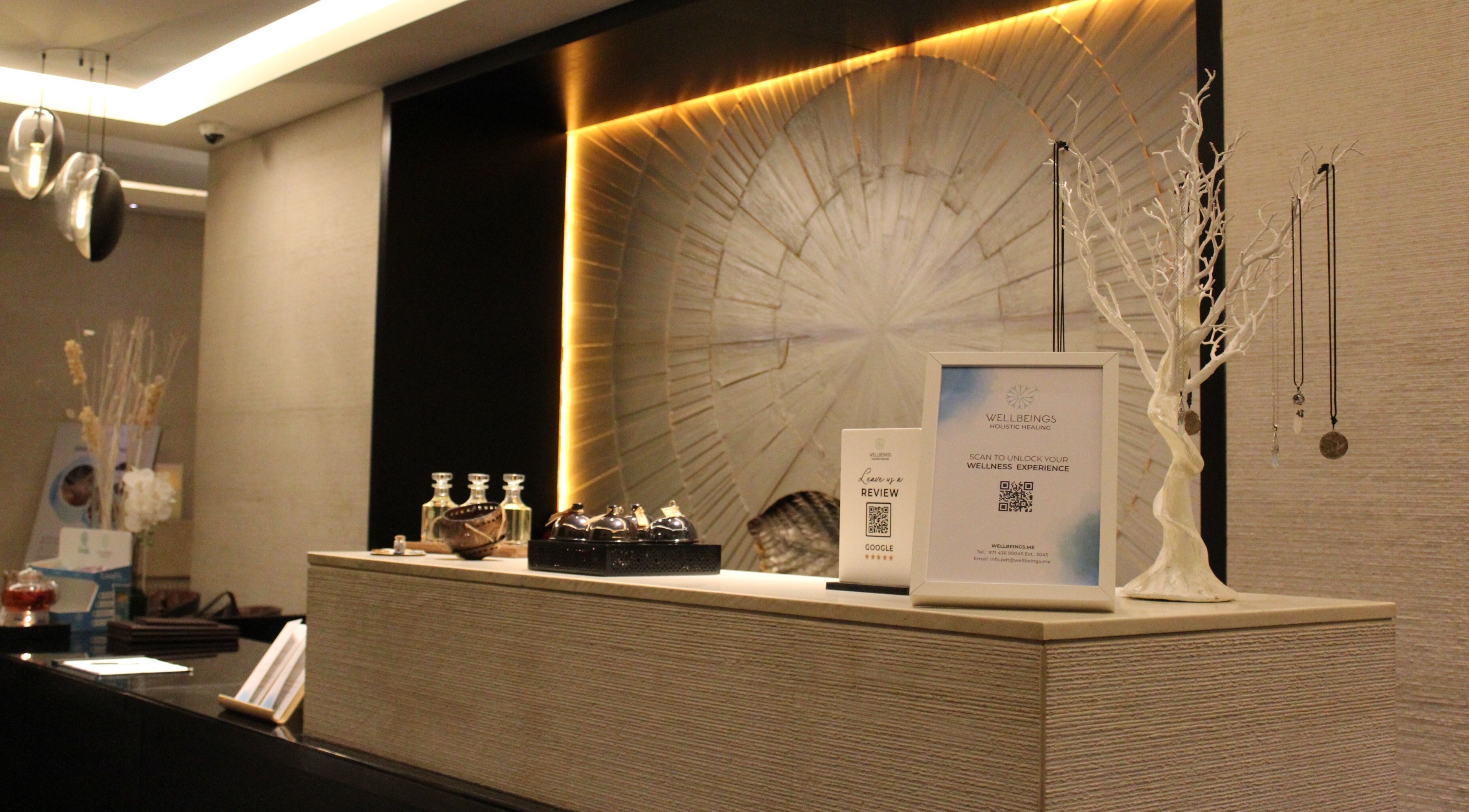 Reception at Wellbeings Holistic Healing, Pullman Dubai Downtown Hotel, featuring elegant decor. Dubai, AE.