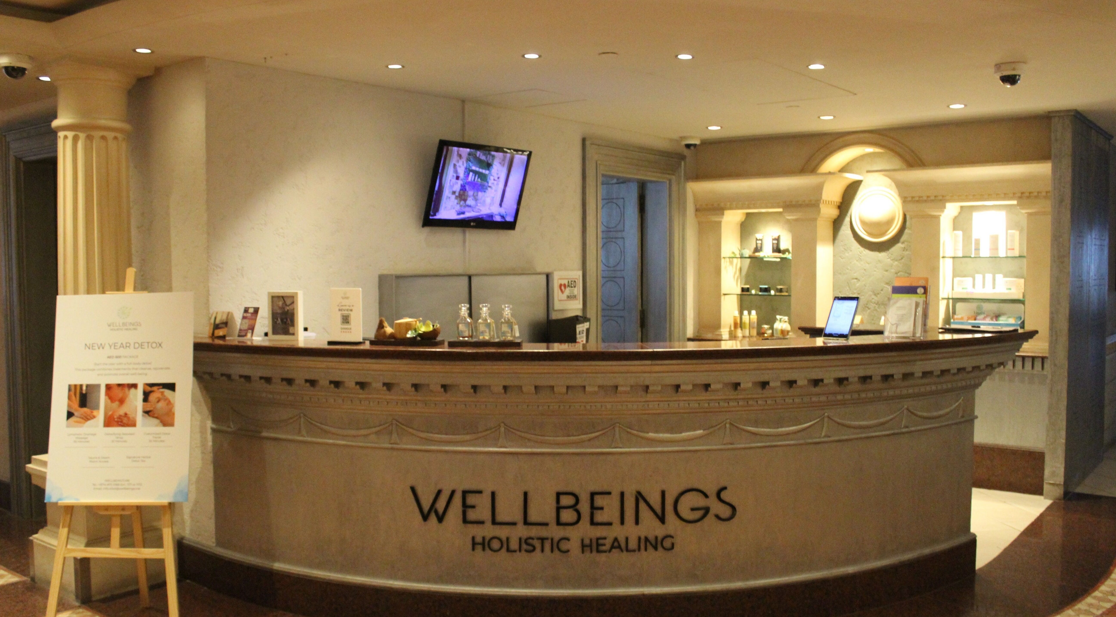 Reception area of Wellbeings Holistic Healing - Fairmont, Dubai, inviting ambiance, located in Dubai, AE.