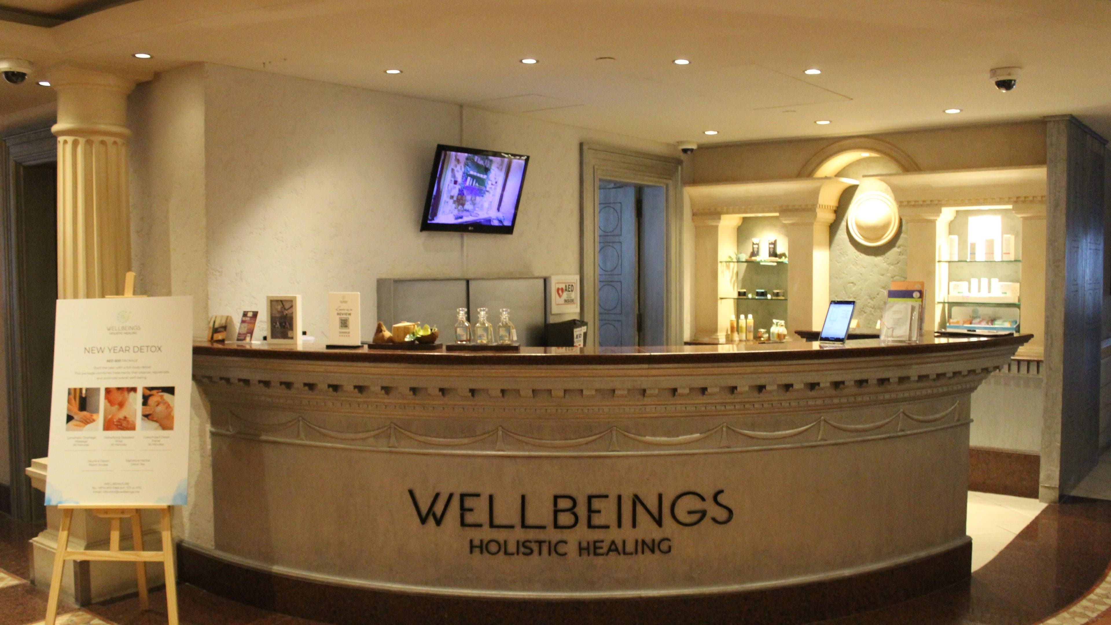 Reception area of Wellbeings Holistic Healing - Fairmont, Dubai, inviting ambiance, located in Dubai, AE.