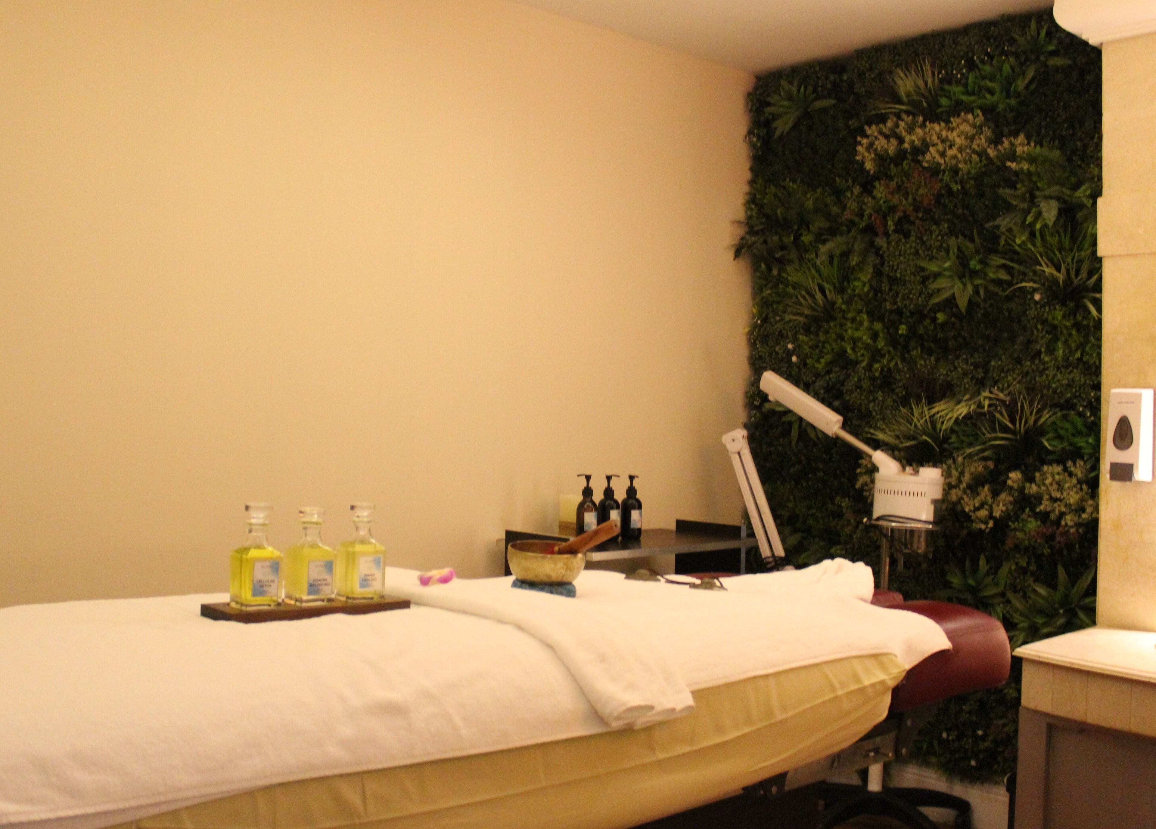 A serene treatment room at Wellbeings Holistic Healing - Fairmont, Dubai, featuring a massage bed and lush greenery.