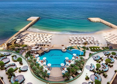 Aerial view of Wellbeings Holistic Healing, Fairmont, Ajman beachfront and pool area, Ajman, AE.