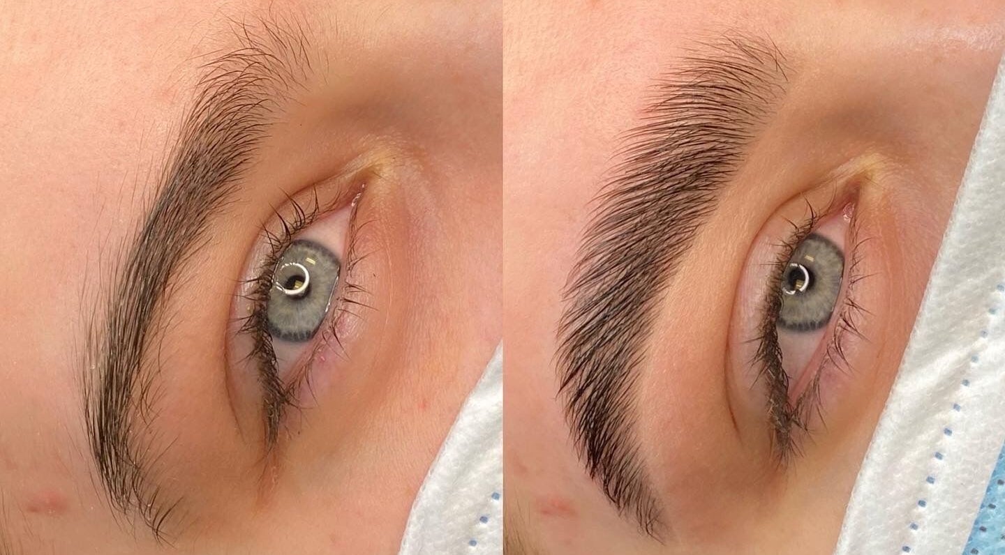 Eyebrow transformation at Selkie Skin, Mevagissey, England, GB, showcasing enhanced brow shape.