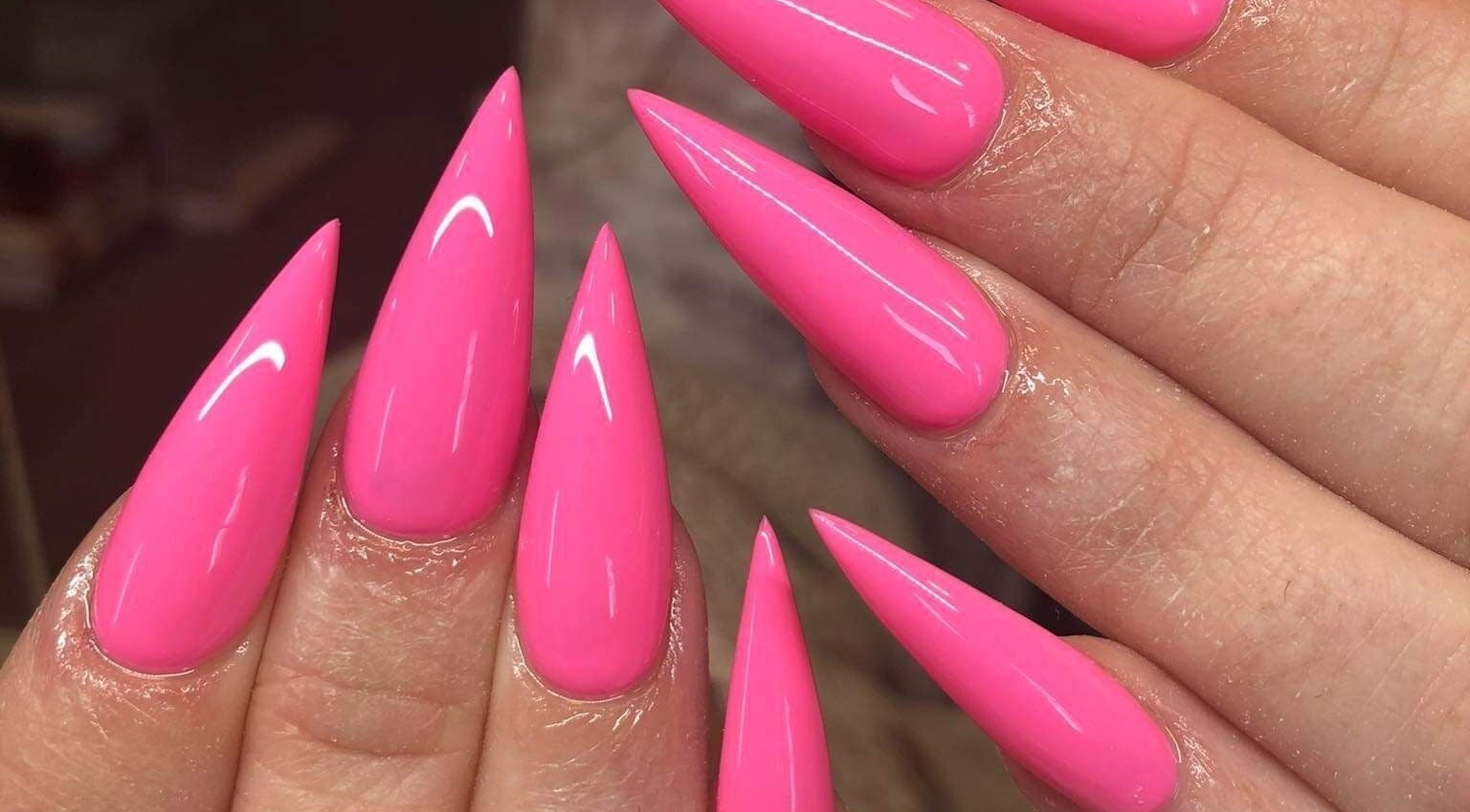 Bright pink stiletto nails at Moncheri Hand and Foot Spa Monaghan, County Monaghan, County Monaghan, IE.