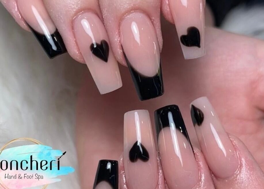 Elegant black heart nail design at Moncheri Hand and Foot Spa Monaghan, County Monaghan, County Monaghan, IE.