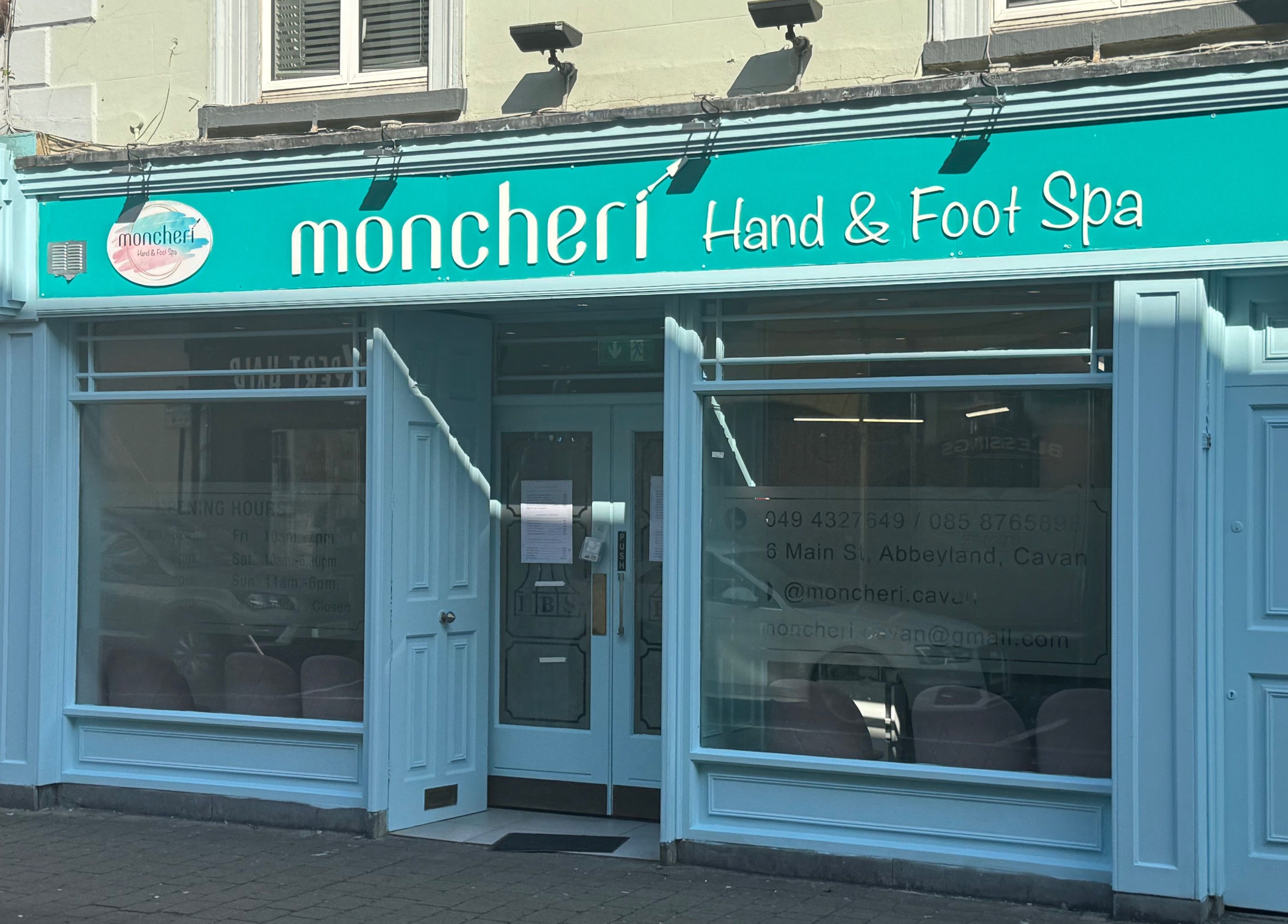 Entrance of Moncheri Hand & Foot Spa Cavan, located at Cavan, County Cavan, IE, showcasing the inviting facade.