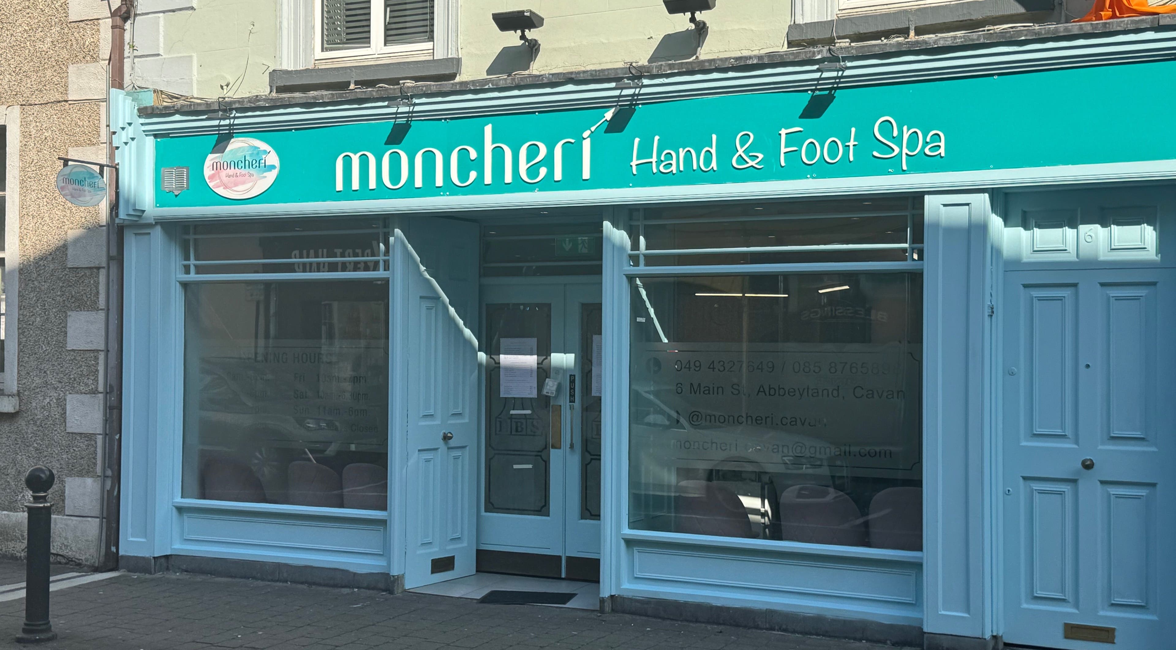 Entrance of Moncheri Hand & Foot Spa Cavan, located at Cavan, County Cavan, IE, showcasing the inviting facade.