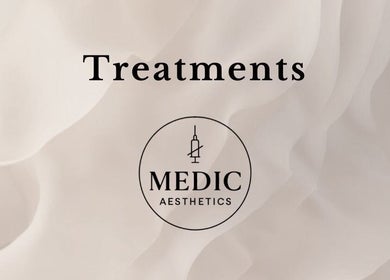 MedicAesthetics treatment logo on a soft fabric background in Oakley, England, GB.
