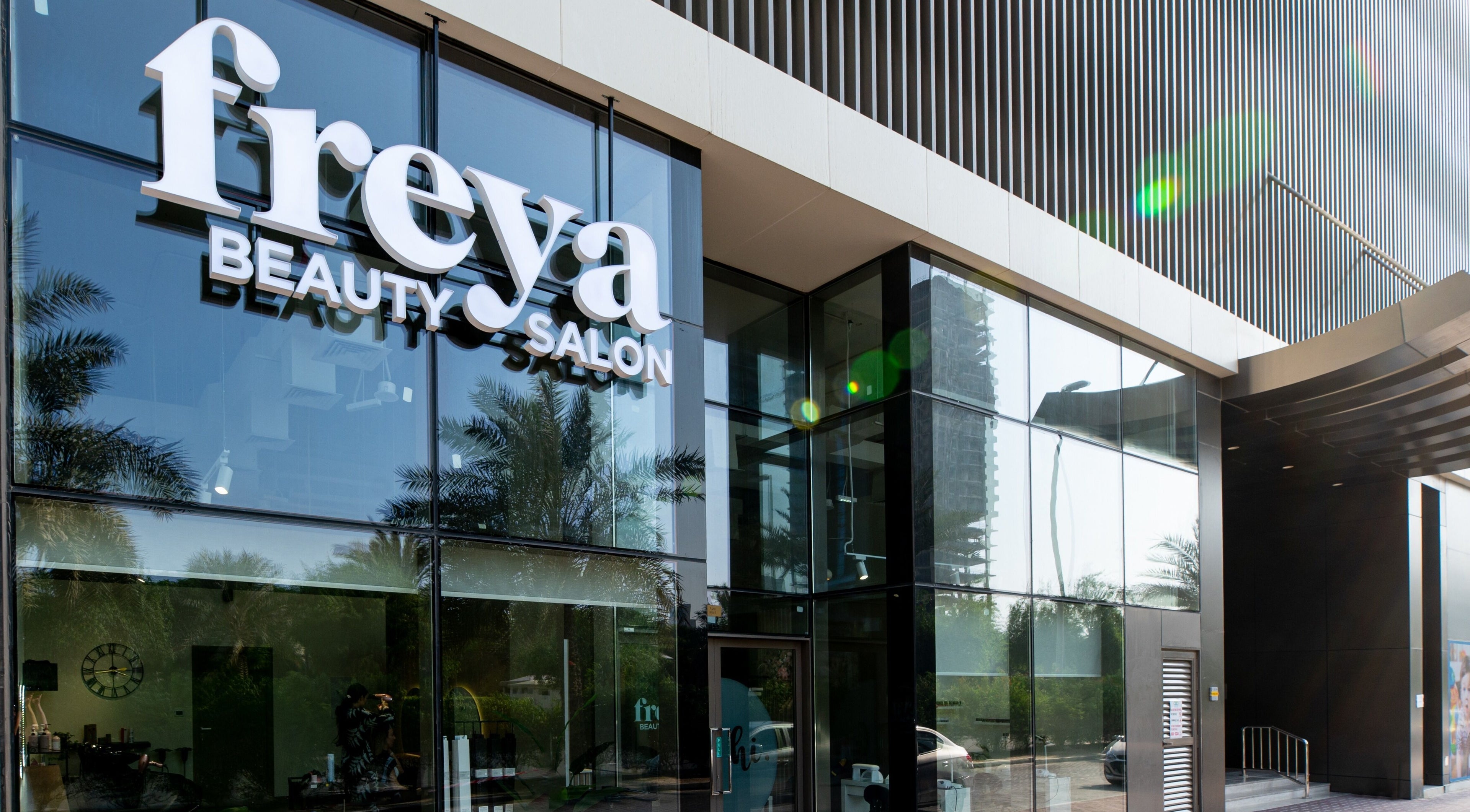 Freya Beauty Salon JVC exterior in Dubai, Dubai, AE with sleek modern design and reflective glass.