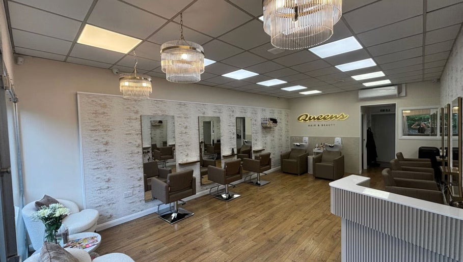 Elegant interior of Sshh Hair @ Queens Hair And Beauty in Bristol, England, GB with modern decor and seating.