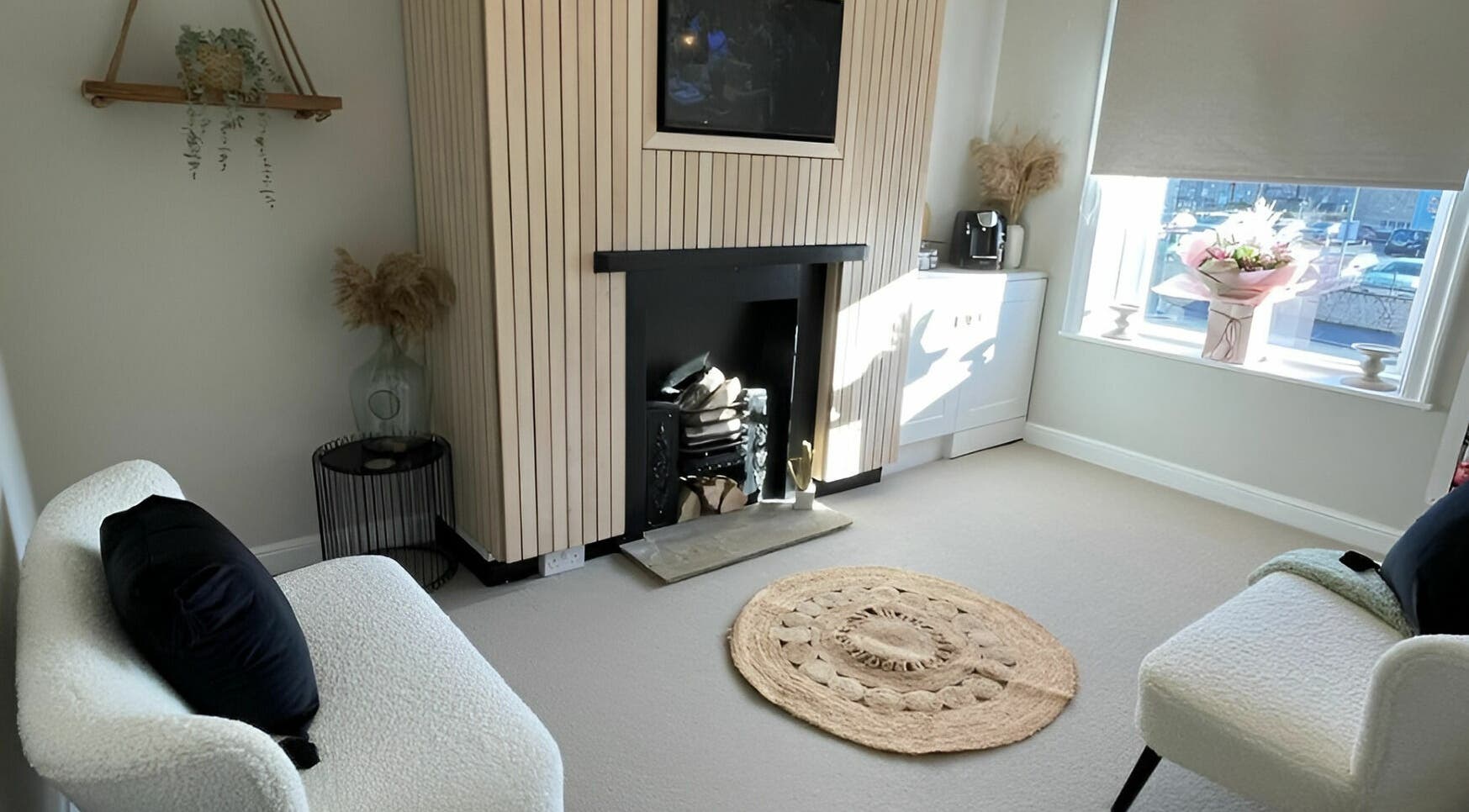 Elegant lounge at The Lash Clinic Huddersfield, England, GB with chic furniture and decor.