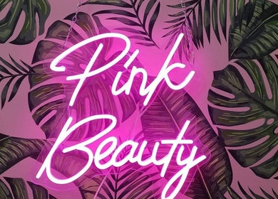 Pink Beauty neon sign with tropical leaves at Pink Beauty, Glasgow, Scotland, GB.