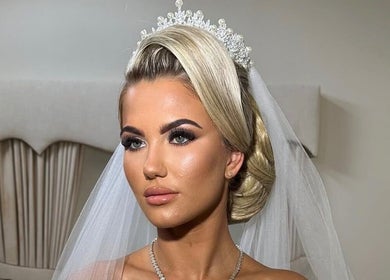 Elegant bridal makeup at Izabella Fivey Makeup, Coventry, England. Striking look with a tiara and veil.