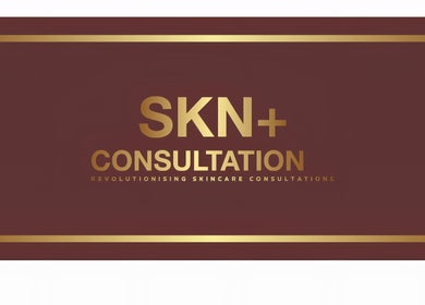 SKN+ Consultation logo with gold text on burgundy background, Durban North, Kwazulu-natal, ZA.