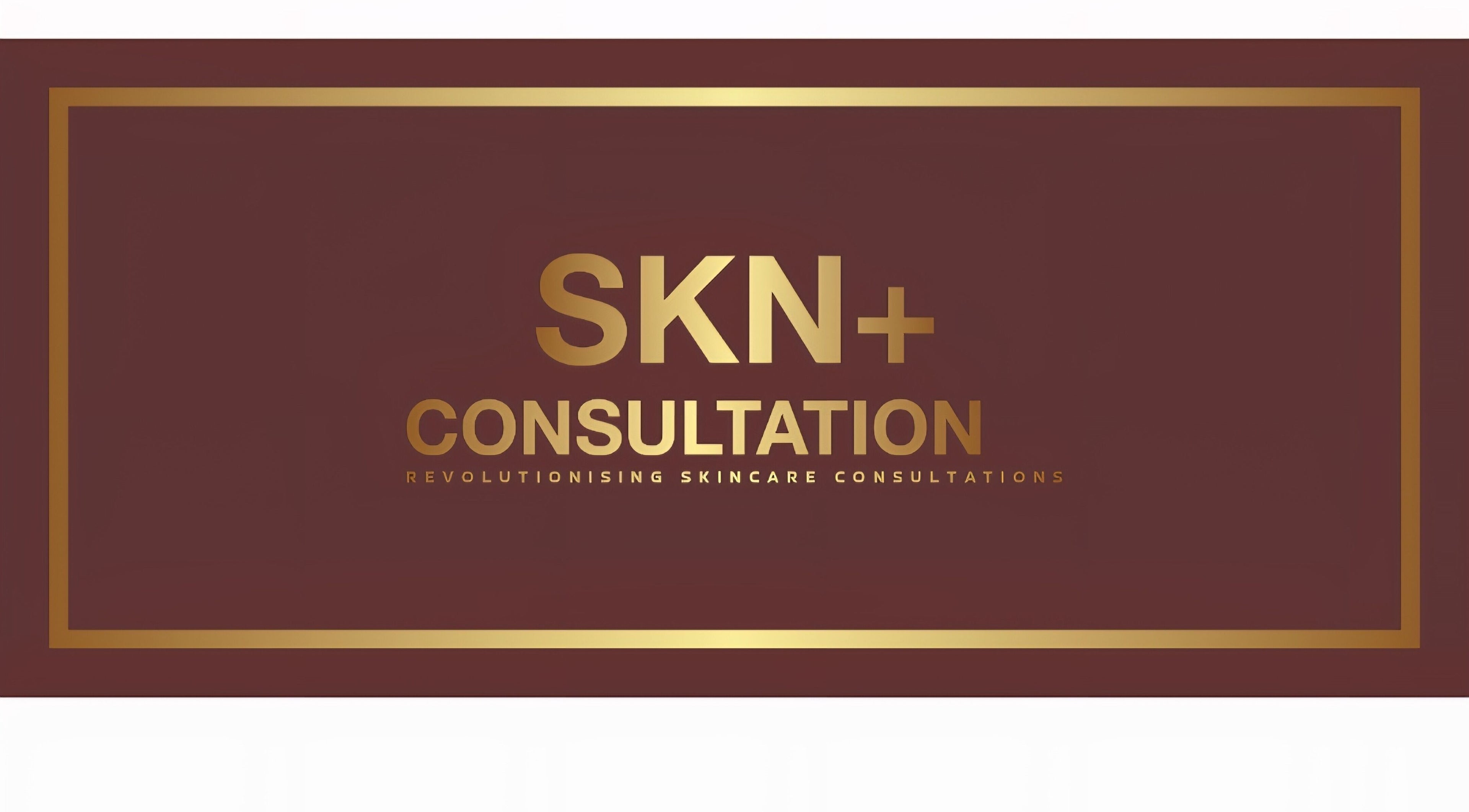 SKN+ Consultation logo with gold text on burgundy background, Durban North, Kwazulu-natal, ZA.