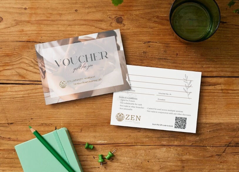 Zen Japanese Massage Platinum - St Leonards gift voucher on a wooden table in St Leonards, New South Wales, AU.