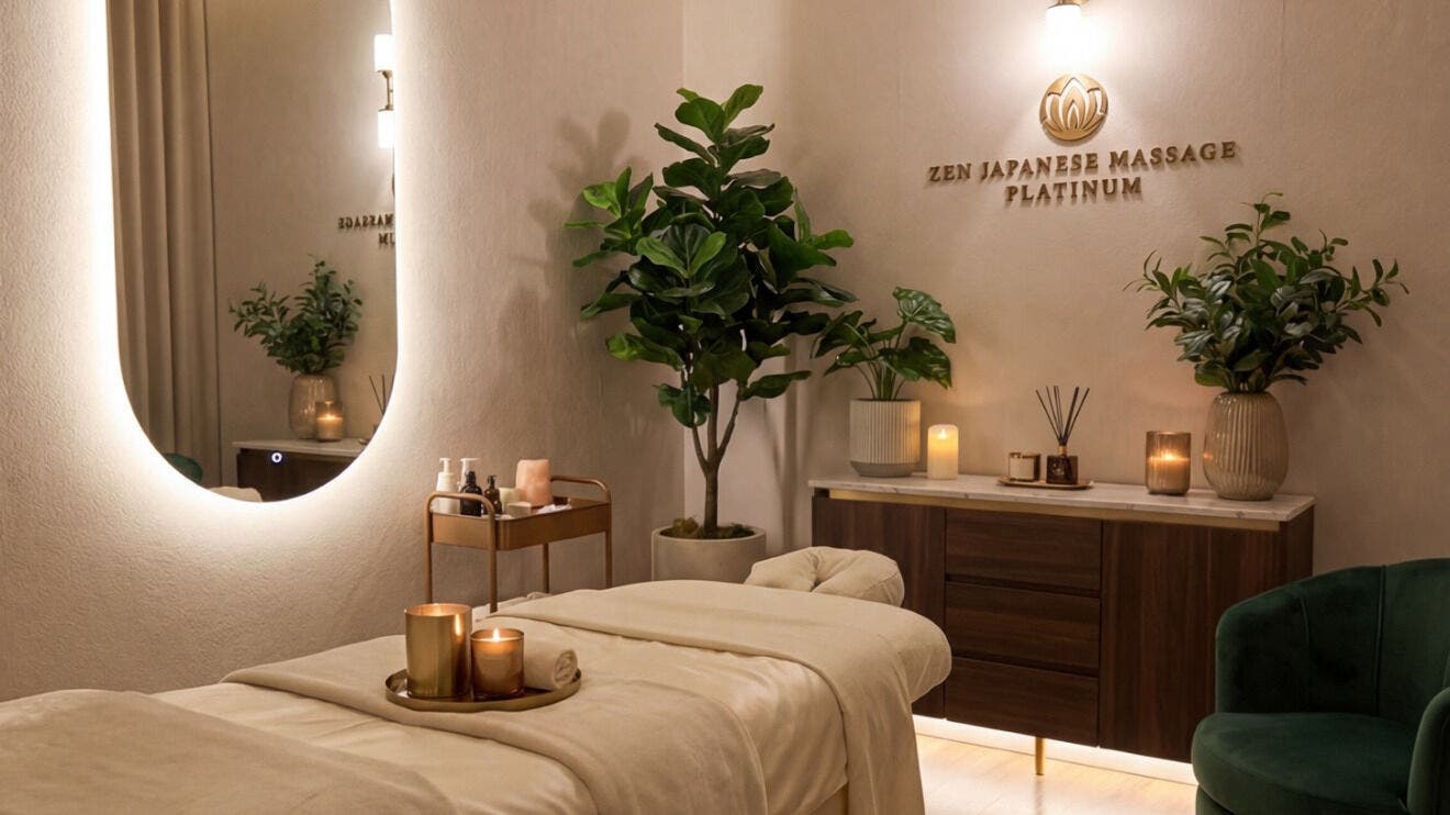 Serene massage room at Zen Japanese Massage Platinum - Bondi Junction, with soft lighting and natural decor.