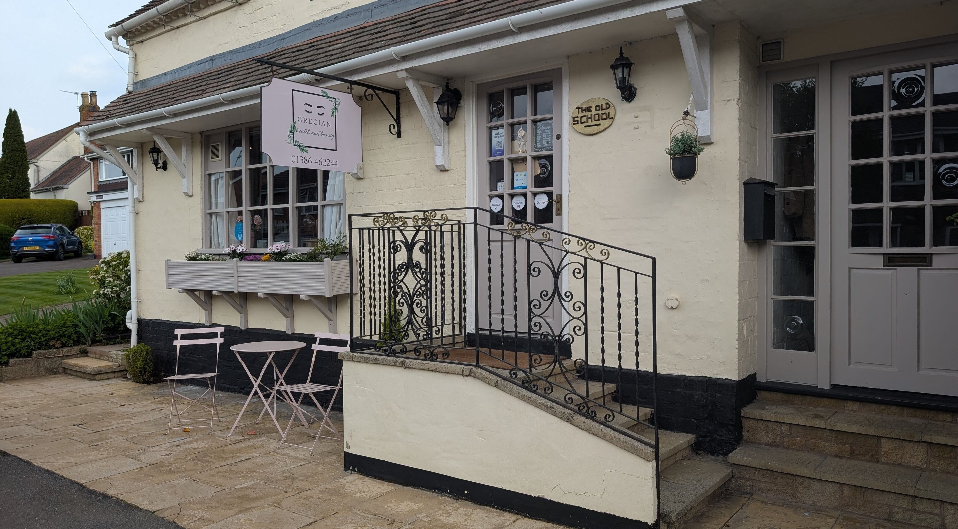 Grecian Health and Beauty Bishampton England GB entrance with vintage decor and cozy seating.