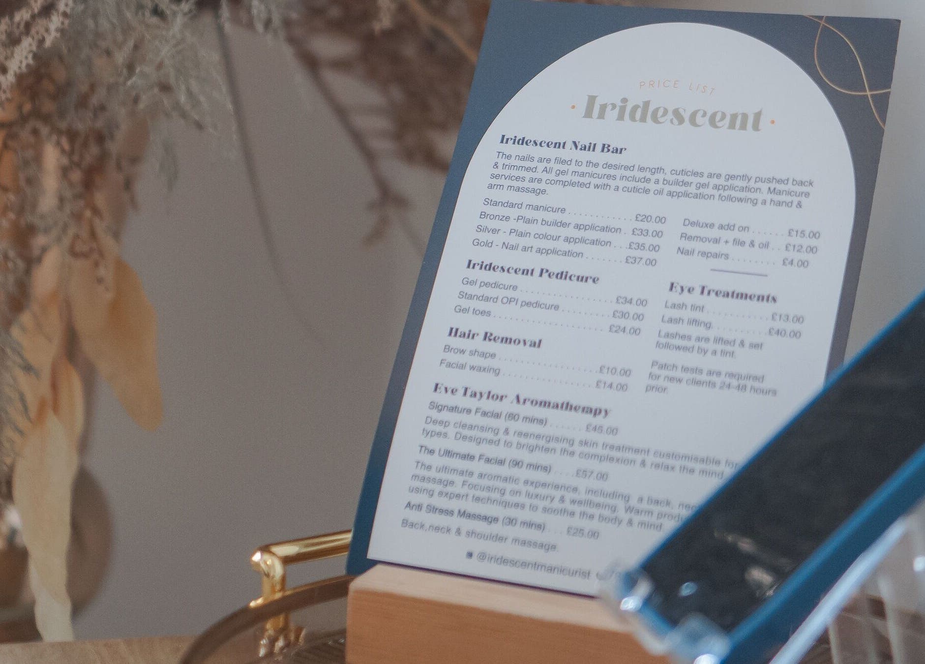 Iridescent price list showcasing services available at Iridescent, Guisborough, England, GB.