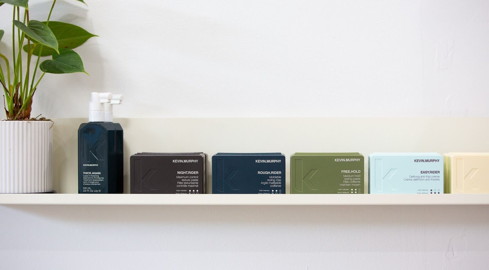 Kevin Murphy products displayed on a shelf at Bhãva Salon, Teneriffe, Queensland, AU.