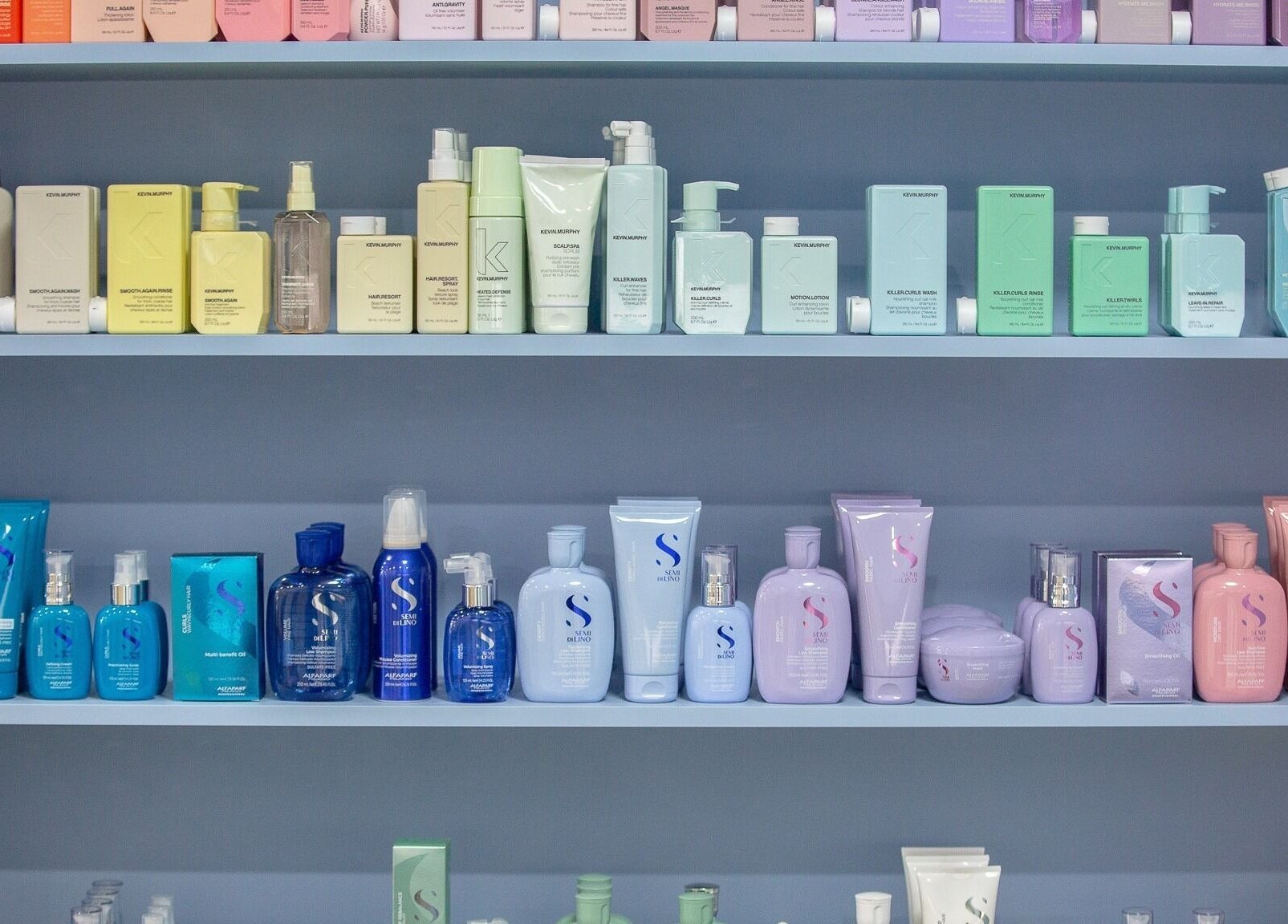 Diverse haircare products on display at Bhãva Salon, Teneriffe, Queensland, AU.