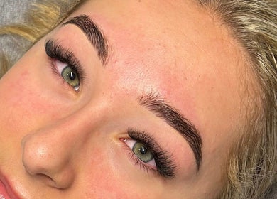 Close-up of expertly shaped brows and lashes at Bouttell Beauty, North Lakes, Queensland, AU.