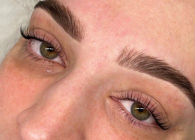 Close-up of expertly shaped eyebrows and lashes at Bouttell Beauty, North Lakes, Queensland, AU.