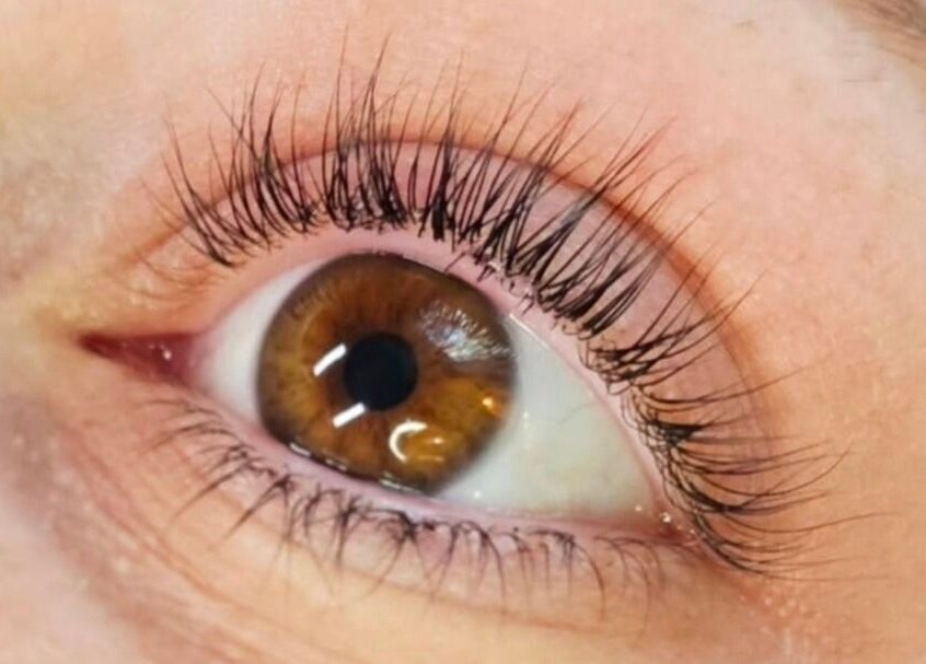 Close-up of enhanced eyelashes at Lashes and Skincare by Stefani in Austin, Texas, US.