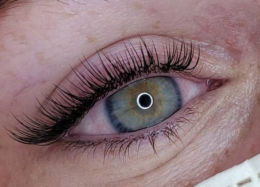 Close-up of expertly applied eyelash extensions at Lashes and Skincare by Stefani in Austin, Texas, US.