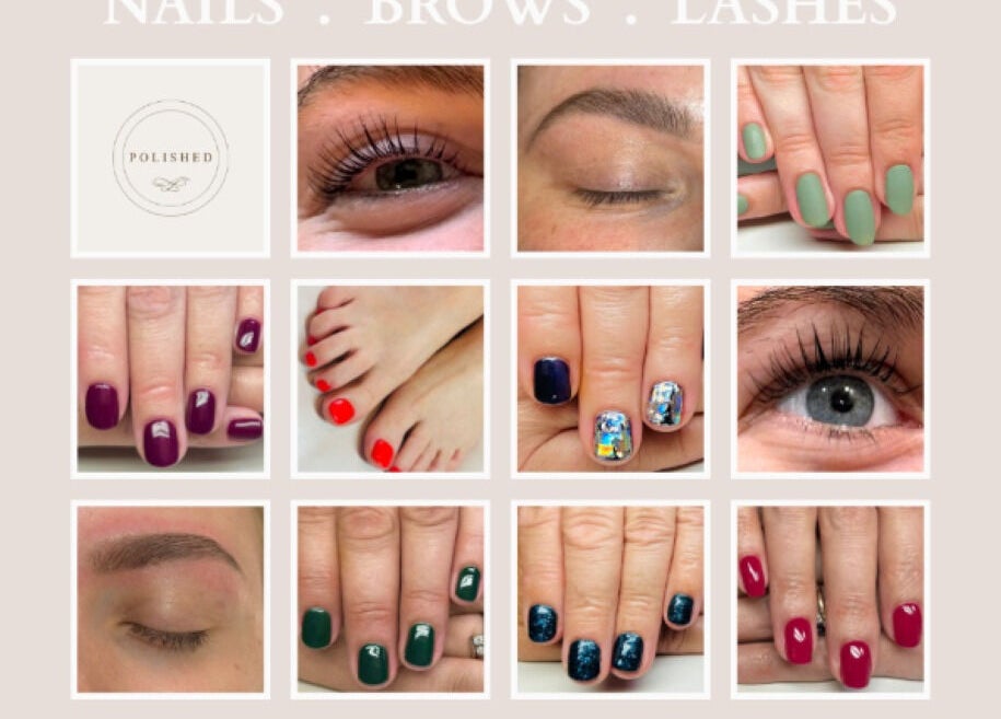 Collage showcasing nail art and lashes at Polished, Compton, England, GB.