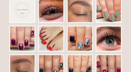 Collage showcasing nail art and lashes at Polished, Compton, England, GB.